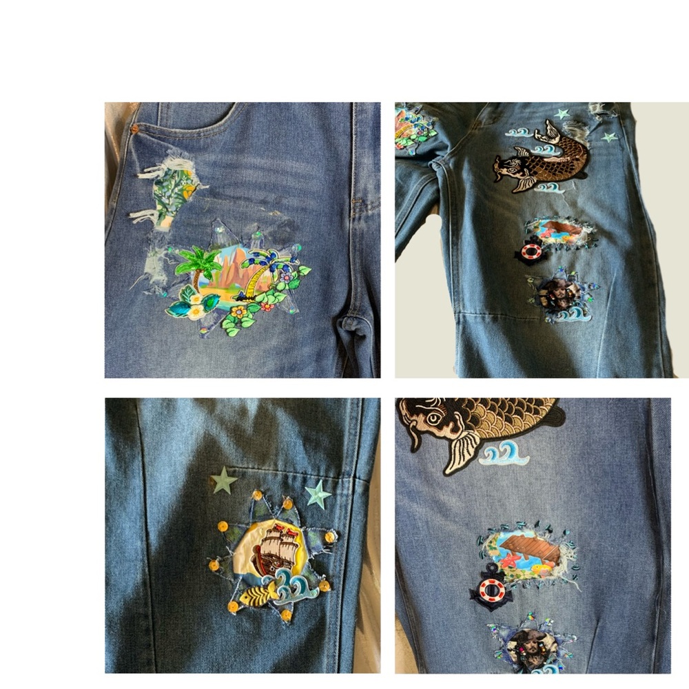 Upcycled Embroidered, Patched, and Distressed Barrel Jean with a Caribbean Theme - Picture 14 of 14